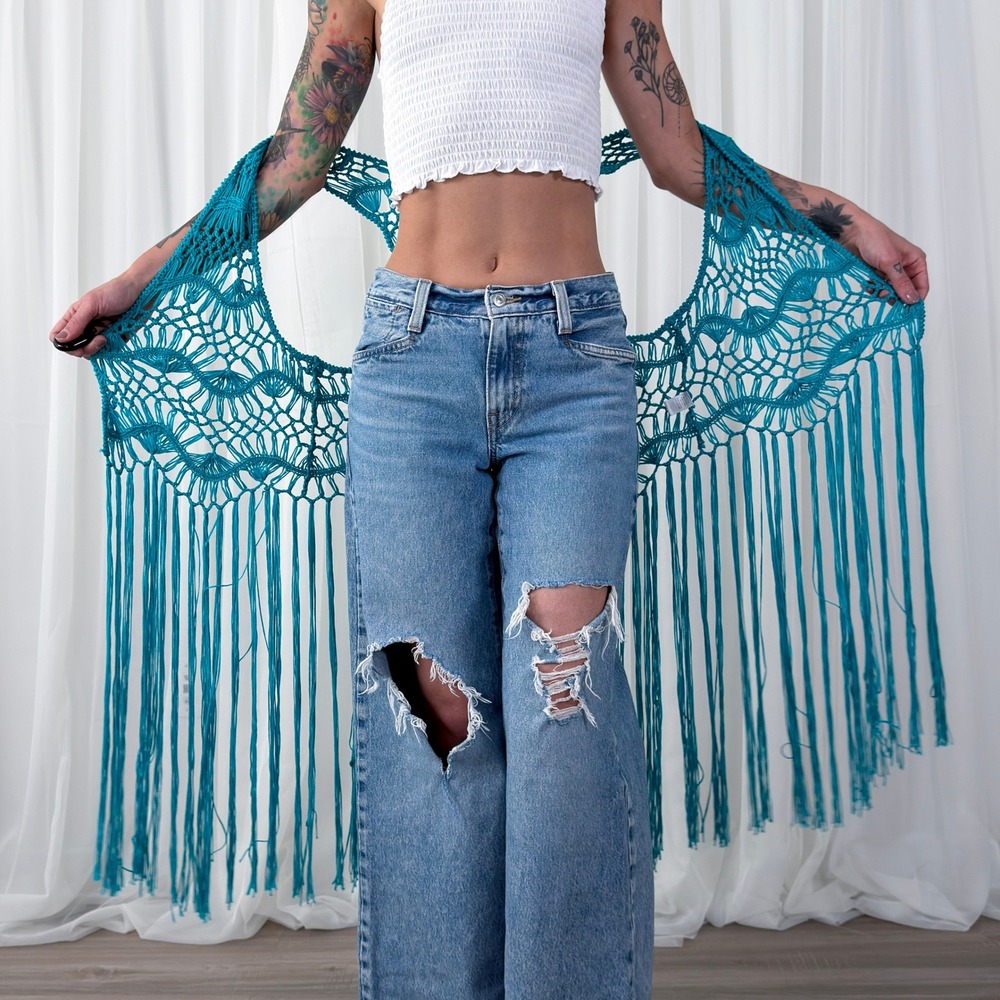 Pink Cattlelac Blue Crochet Fringe Festival Vest One Size Boho - Picture 7 of 8